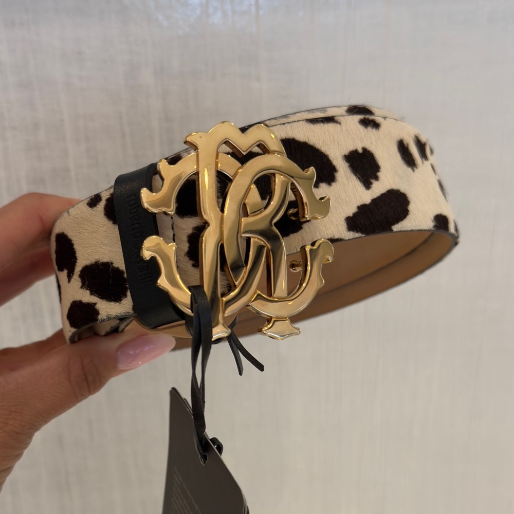 Roberto Cavalli cowhide Print Belt with Gold Logo